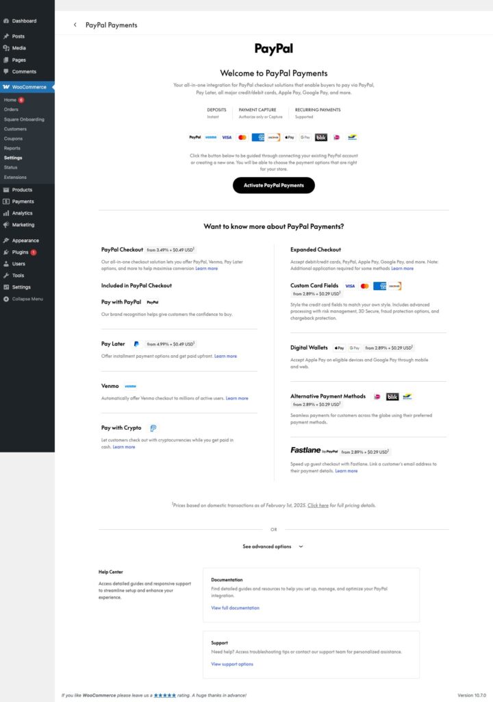 WooCommerce PayPal Payments settings page in local WordPress sandbox showing PayPal onboarding and settings