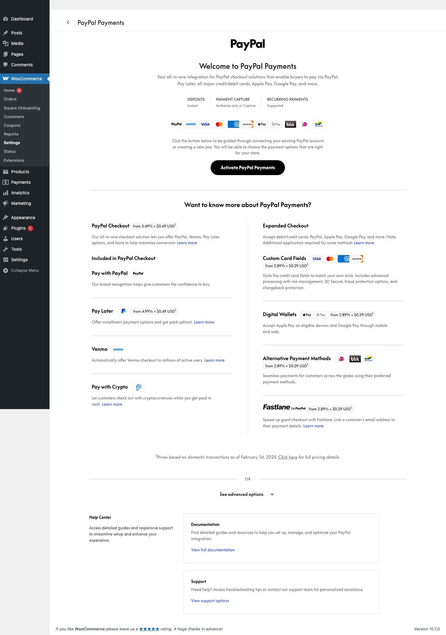 WooCommerce PayPal Payments settings page in local WordPress sandbox showing PayPal onboarding and settings