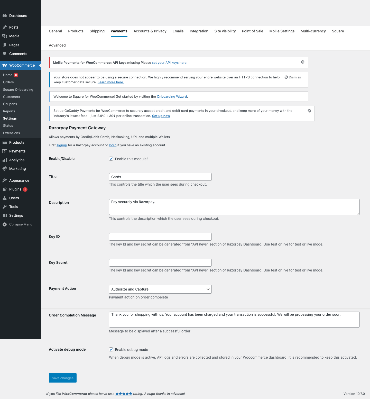 Razorpay WooCommerce settings page in local WordPress sandbox showing Key ID and Key Secret fields