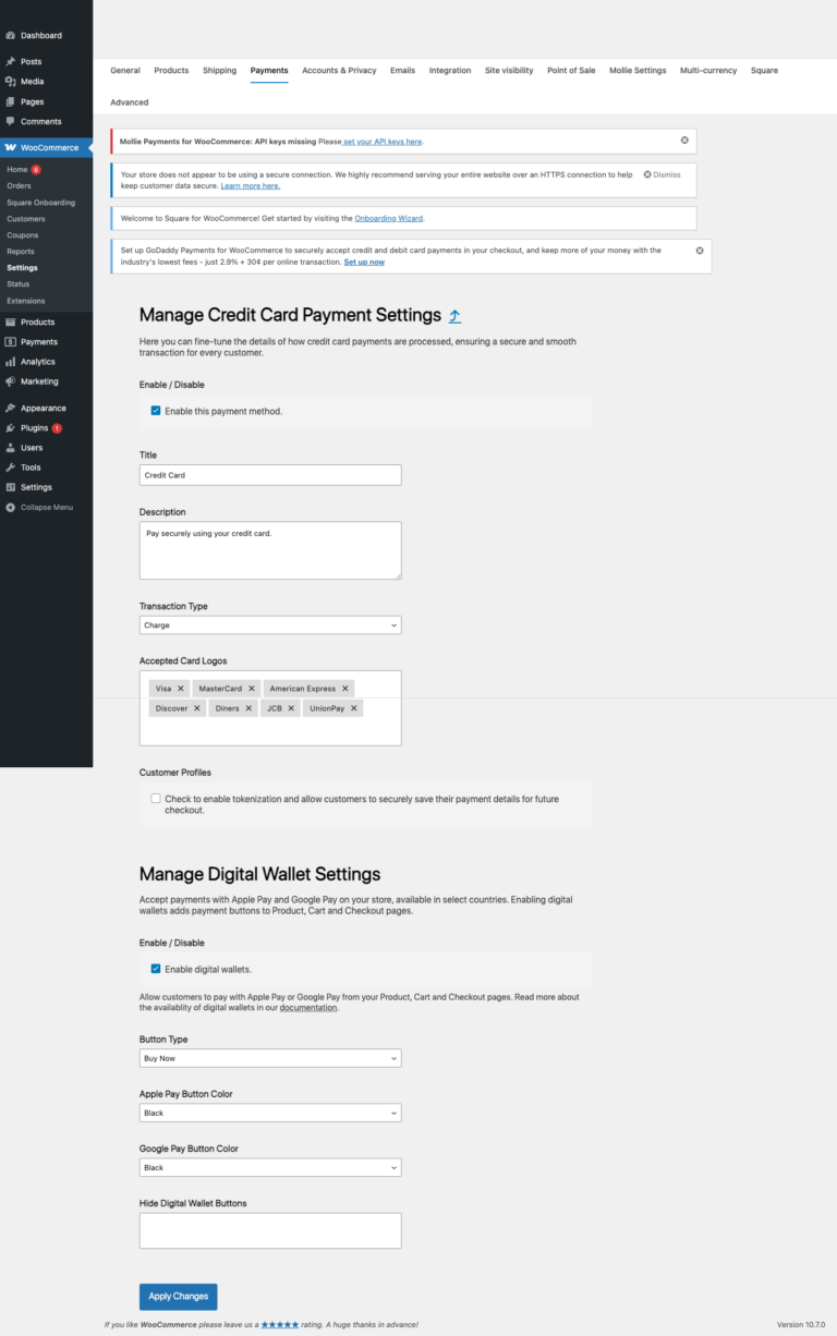 WooCommerce Square settings page in local WordPress sandbox showing sandbox payment configuration