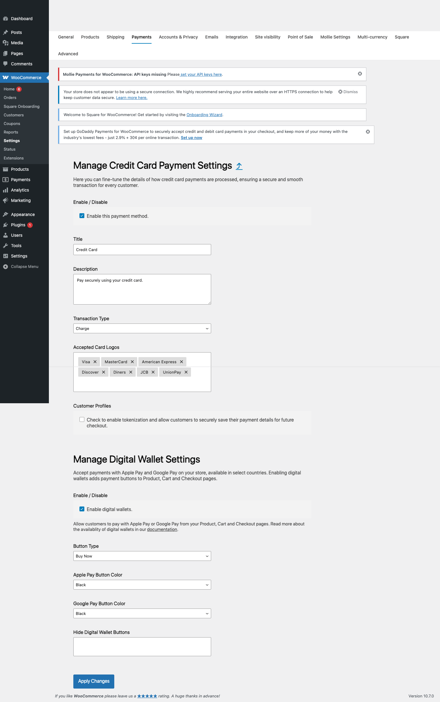 WooCommerce Square settings page in local WordPress sandbox showing sandbox payment configuration