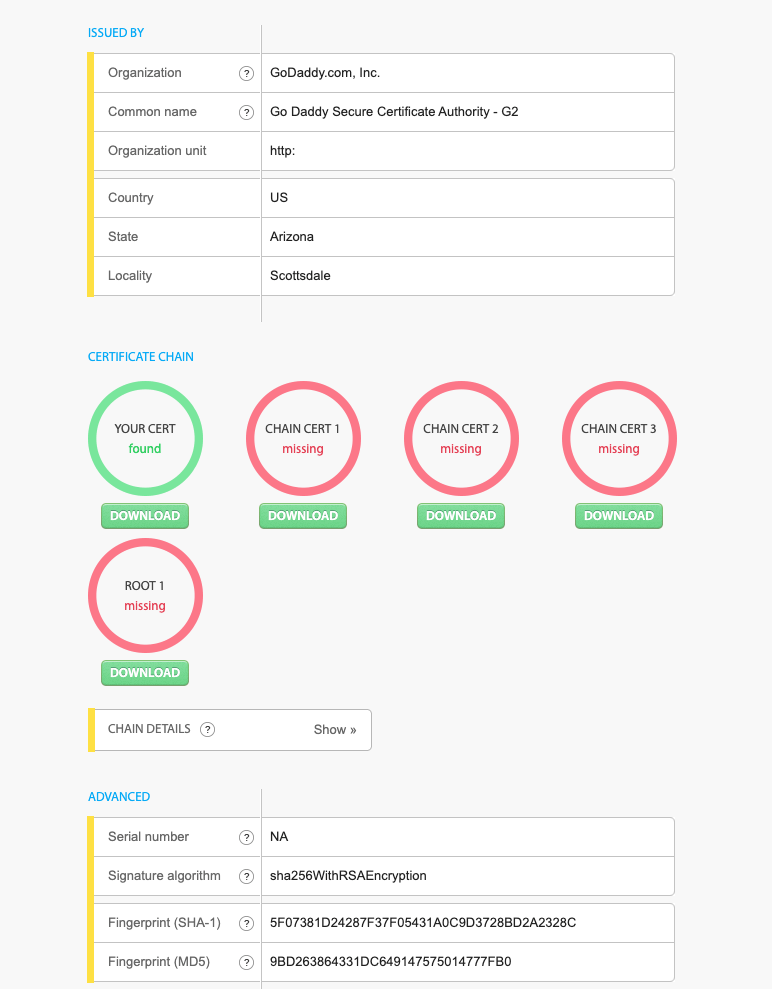 SSL checker screenshot showing certificate chain items missing for brockovichdatacenter.com