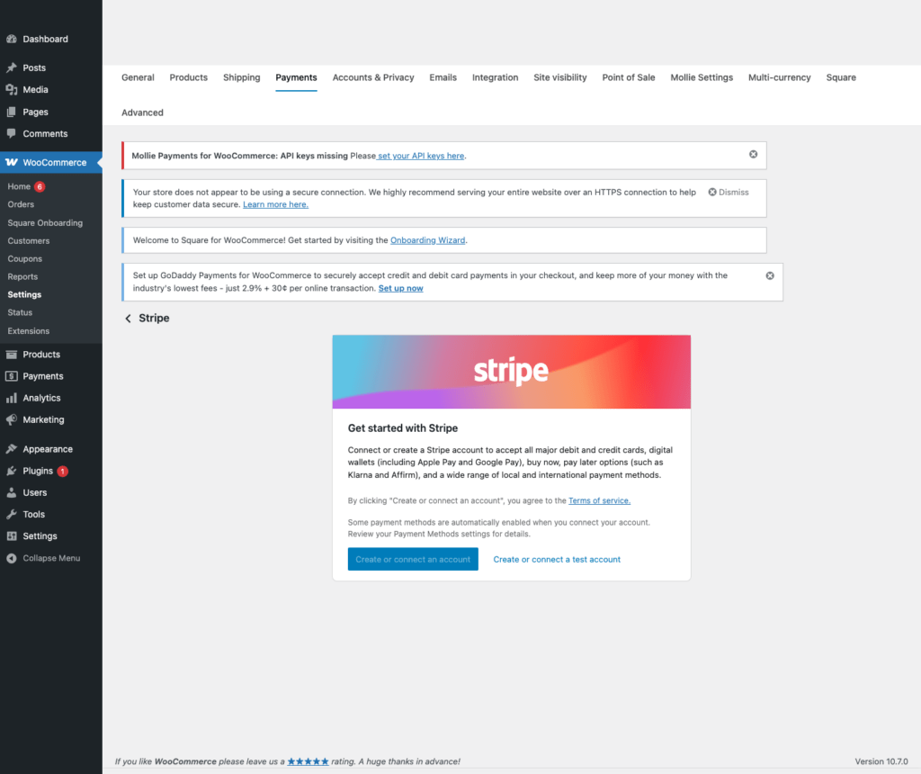 WooCommerce Stripe settings page in local WordPress sandbox showing the Stripe setup screen