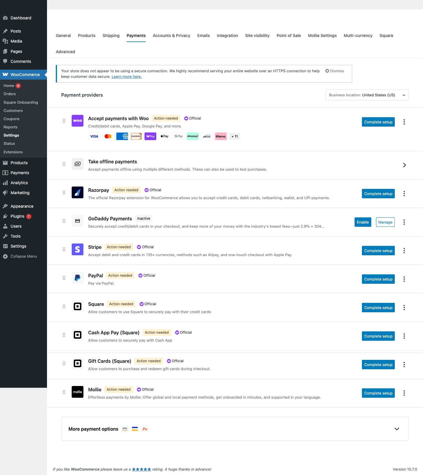 WooCommerce payment gateway list in a local WordPress sandbox with Stripe Square GoDaddy PayPal WooPayments Mollie and Razorpay