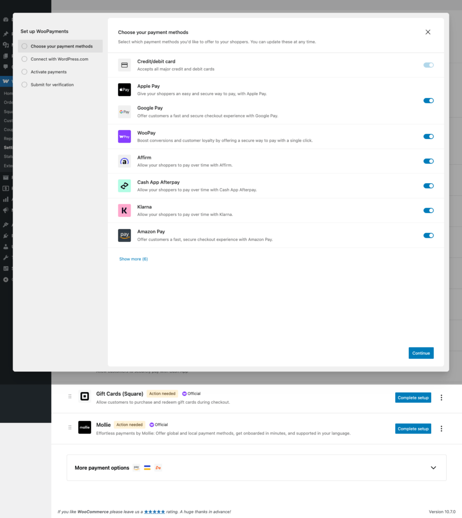 WooPayments settings page in local WordPress sandbox showing payment gateway configuration