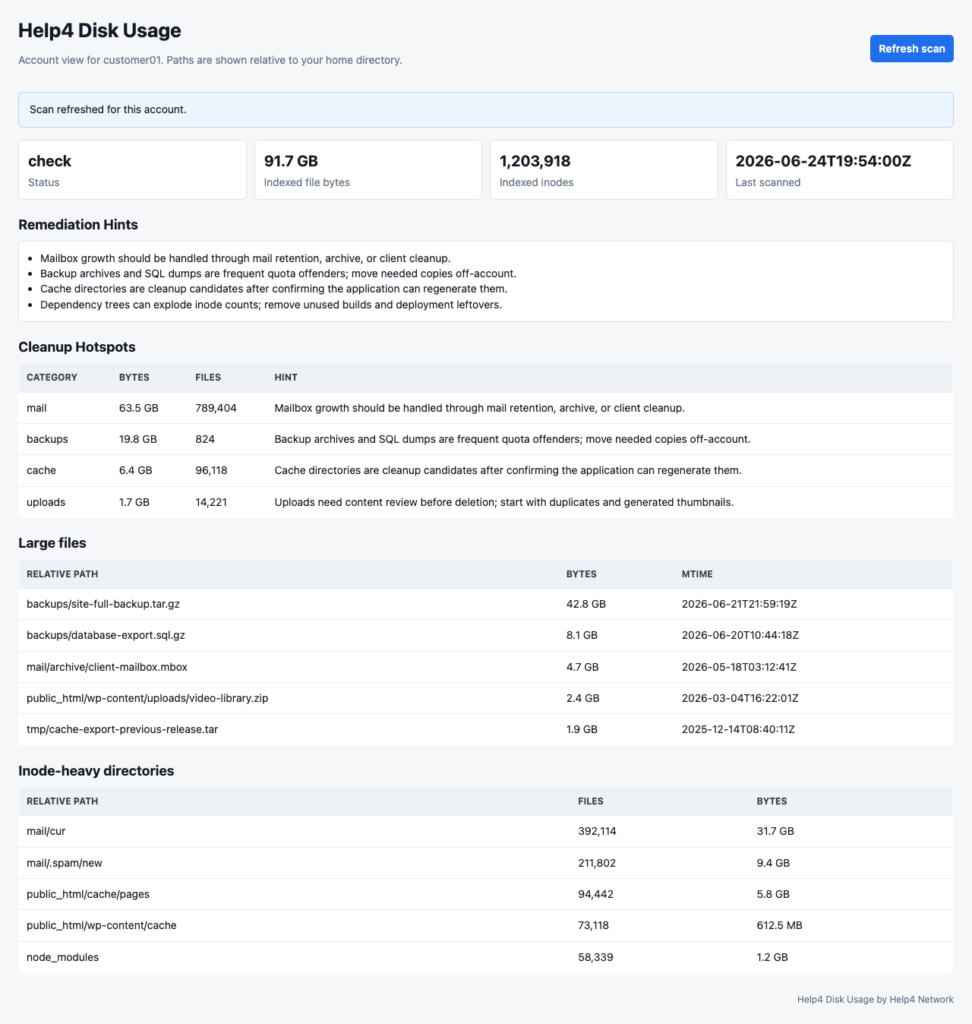 cPanel account dashboard showing customer-safe disk usage categories and cleanup hints with relative paths