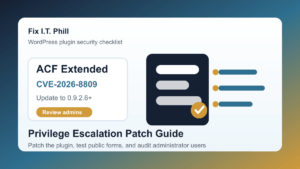 ACF Extended CVE-2026-8809 WordPress patch checklist for plugin update and administrator account review