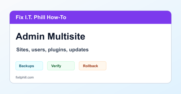 WordPress multisite administration guide showing Network Admin sites users themes plugins updates and backups