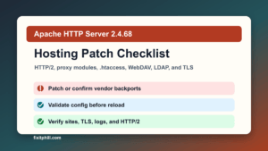 Apache HTTP Server 2.4.68 hosting patch checklist for HTTP/2, proxy modules, .htaccess, WebDAV, LDAP, TLS, and public verification
