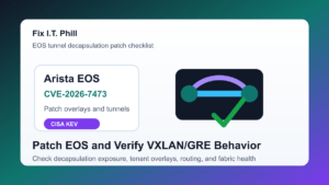 Arista EOS CVE-2026-7473 patch checklist for VXLAN GRE decapsulation exposure, fixed EOS software, and fabric verification