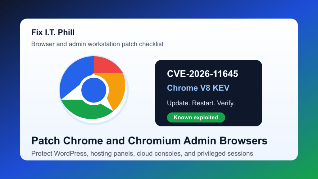 Chrome CVE-2026-11645 patch checklist for browser updates, restarts, version checks, and admin workstation review