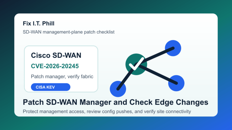 Cisco SD-WAN Manager CVE-2026-20245 patch checklist for management access, fixed software, edge configuration review, and verification