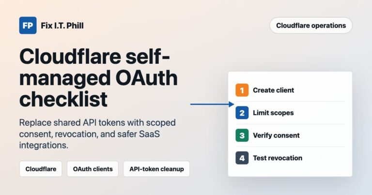 Cloudflare self-managed OAuth checklist showing create client, limit scopes, verify consent, and test revocation steps