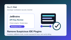 Developer workstation checklist for reviewing JetBrains Marketplace plugins and rotating exposed AI API keys