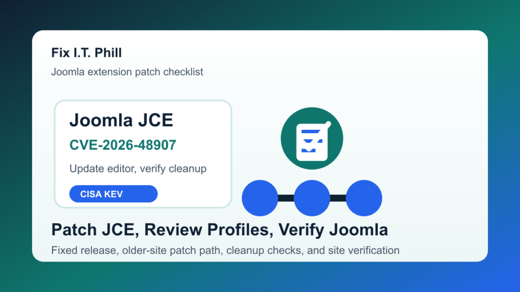 Joomla JCE CVE-2026-48907 patch checklist for updating JCE, applying the security patch package, checking editor profiles, and verifying the site