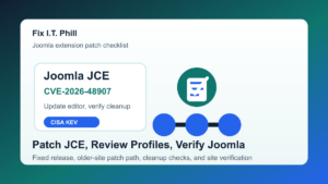 Joomla JCE CVE-2026-48907 patch checklist for updating JCE, applying the security patch package, checking editor profiles, and verifying the site