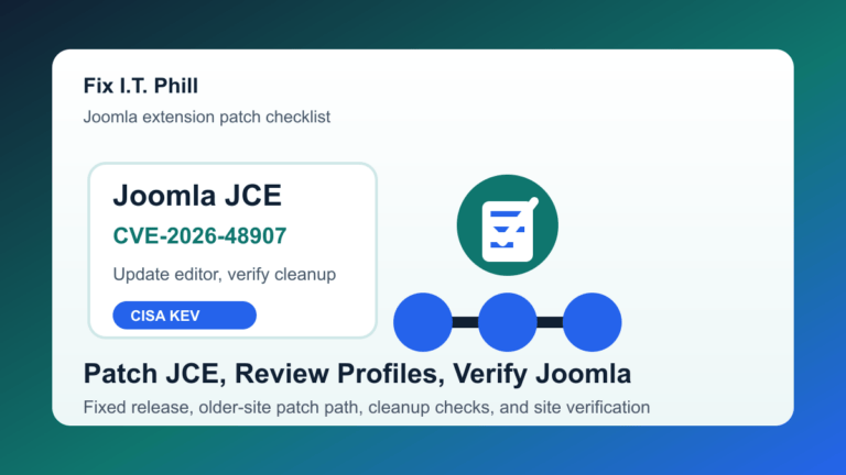 Joomla JCE CVE-2026-48907 patch checklist for updating JCE, applying the security patch package, checking editor profiles, and verifying the site