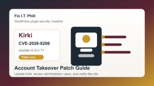 Kirki CVE-2026-8206 WordPress patch checklist for plugin update and administrator account review