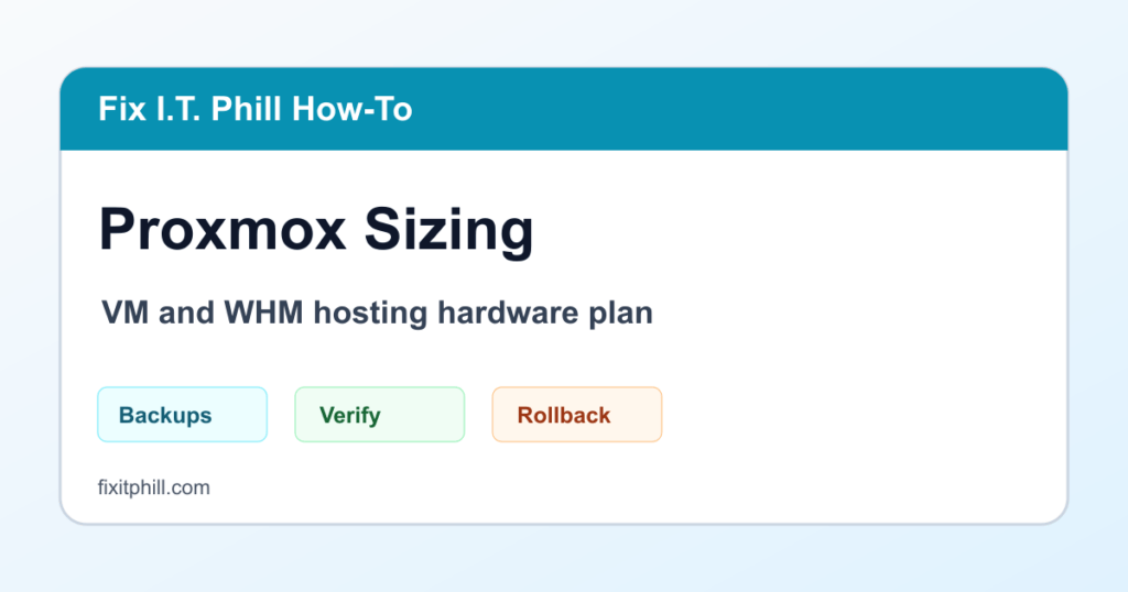 Proxmox hardware sizing guide for general VMs and WHM cPanel hosting with CPU RAM NVMe ZFS backups and network planning