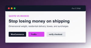 WooCommerce FedEx quote and invoice mismatch checklist showing boxes dimensional weight residential delivery and surcharges