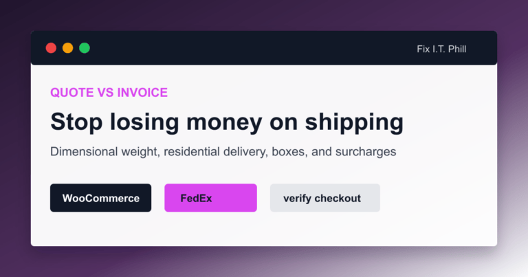 WooCommerce FedEx quote and invoice mismatch checklist showing boxes dimensional weight residential delivery and surcharges