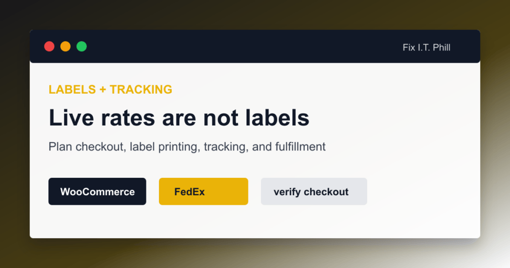 WooCommerce FedEx labels and tracking workflow showing live rates label printing order fulfillment and customer tracking email
