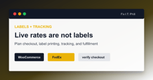 WooCommerce FedEx labels and tracking workflow showing live rates label printing order fulfillment and customer tracking email