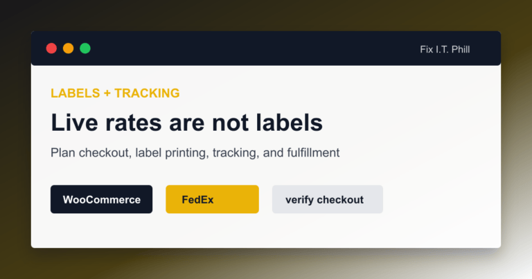 WooCommerce FedEx labels and tracking workflow showing live rates label printing order fulfillment and customer tracking email