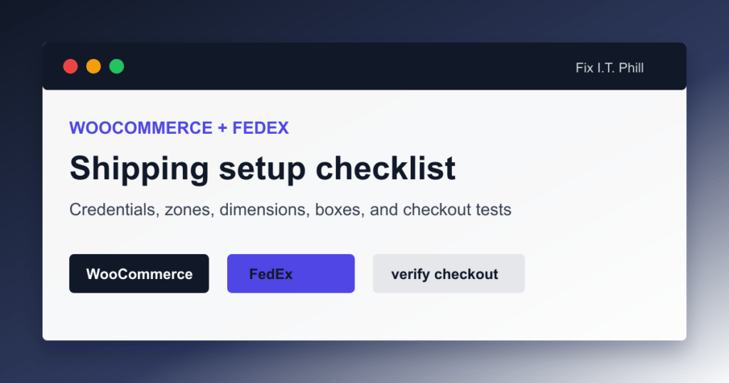 WooCommerce FedEx setup checklist showing production keys shipping zones package dimensions and checkout verification