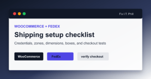 WooCommerce FedEx setup checklist showing production keys shipping zones package dimensions and checkout verification