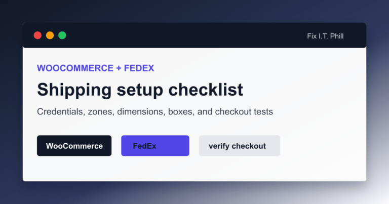 WooCommerce FedEx setup checklist showing production keys shipping zones package dimensions and checkout verification