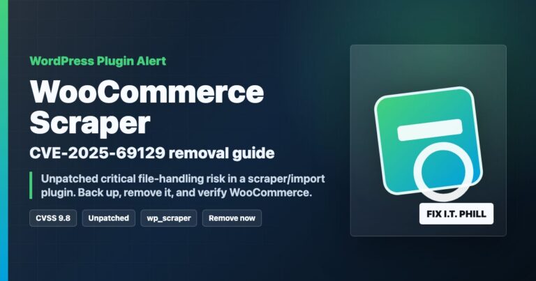 WordPress WooCommerce Scraper Plugin CVE-2025-69129 removal checklist for WooCommerce site owners