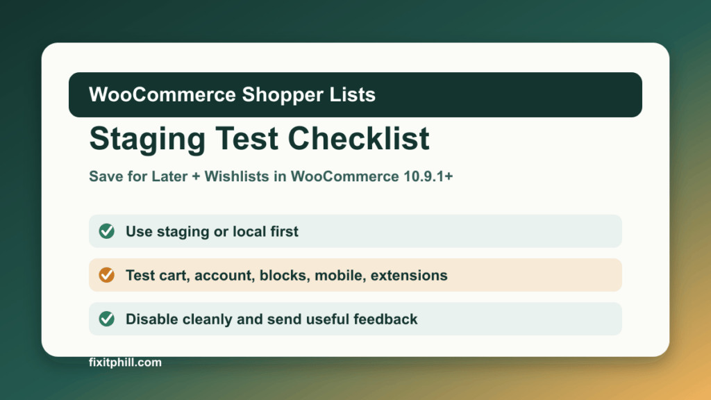 WooCommerce Shopper Lists staging checklist for Save for Later and Wishlists testing