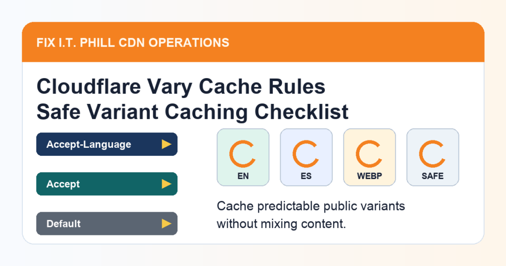 Cloudflare Vary Cache Rules checklist for caching language format and default variants without mixing public content