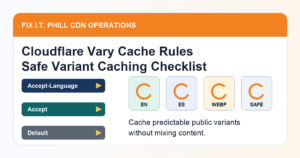 Cloudflare Vary Cache Rules checklist for caching language format and default variants without mixing public content