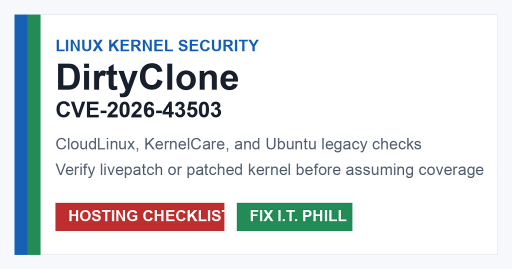 DirtyClone CVE-2026-43503 CloudLinux KernelCare and Ubuntu legacy hosting checklist