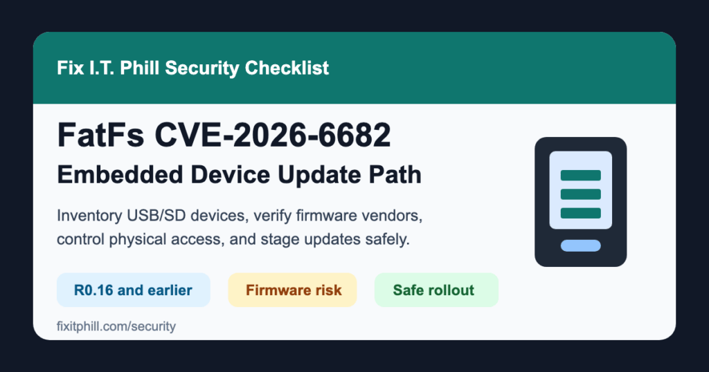 FatFs CVE-2026-6682 checklist for embedded device USB SD firmware inventory vendor verification and safe update rollout