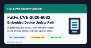 FatFs CVE-2026-6682 checklist for embedded device USB SD firmware inventory vendor verification and safe update rollout