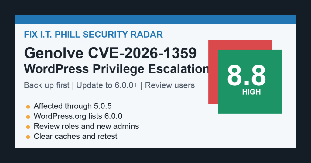 Fix I.T. Phill Genolve CVE-2026-1359 WordPress privilege escalation update checklist