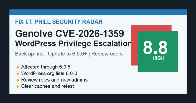 Fix I.T. Phill Genolve CVE-2026-1359 WordPress privilege escalation update checklist