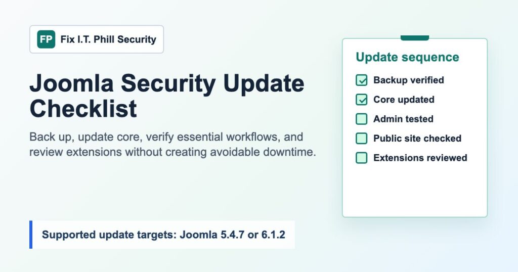 Joomla 5.4.7 and 6.1.2 backup-first security update checklist