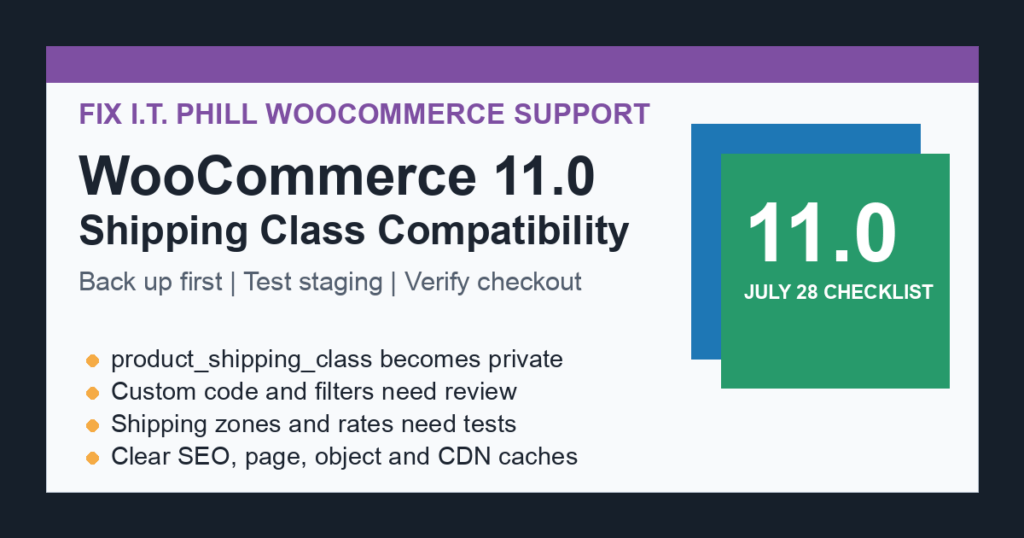 Fix I.T. Phill WooCommerce 11 shipping class compatibility checklist for backups staging checkout SEO and integrations