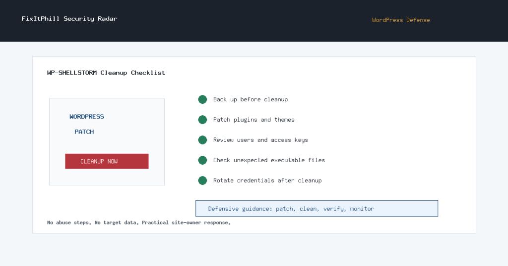 WP-SHELLSTORM WordPress cleanup checklist for patching, file review, backups, and credential rotation