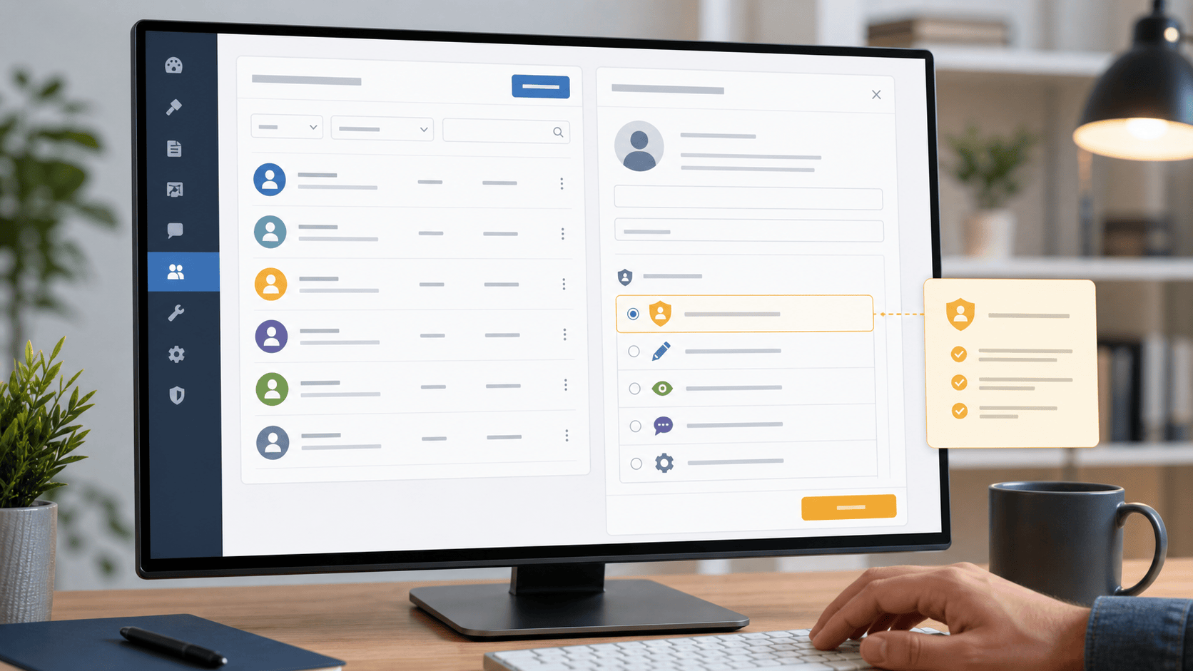 Fictitious WordPress-style Add New User screen with role choices and an access review checklist
