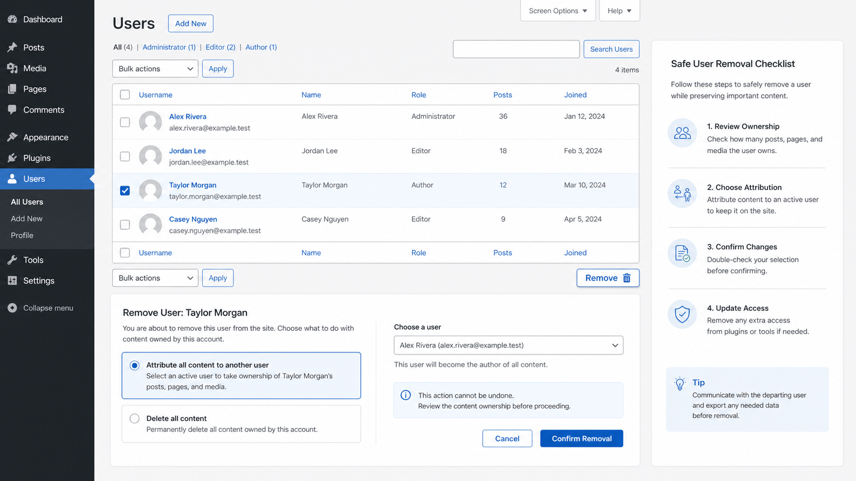 Fictitious WordPress-style user removal flow showing content reassignment before an account is deleted