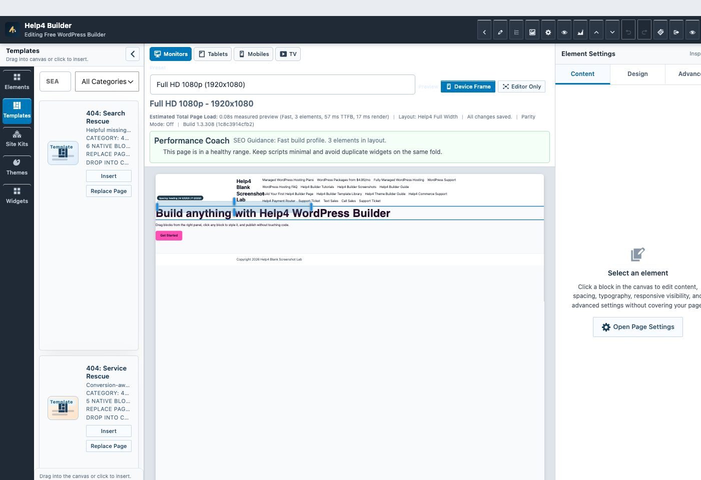 Help4 Builder Studio showing the template library, device preview choices, and element settings in a first-party test workspace.