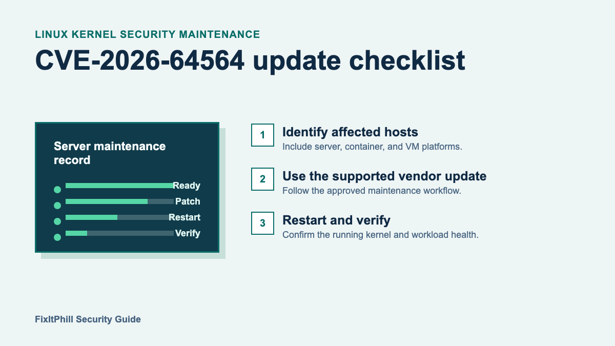 Linux server security update checklist for CVE-2026-64564 with an update, restart, and verification sequence.